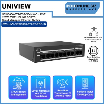 UNV NSW3000-8T2GT-POE-IN 8-CH POE 120W 2*GE UPLINK PORTS Cloud Managed Ethernet Switch